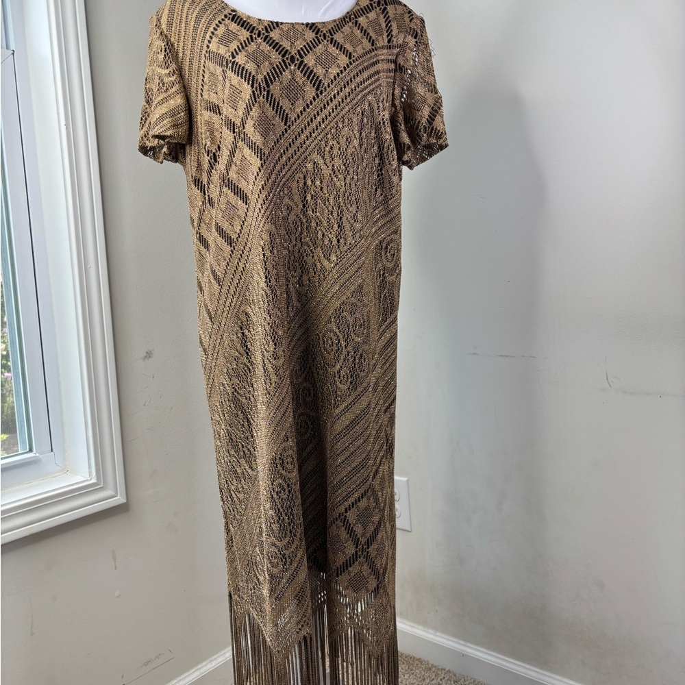 BN1 Vintage Helene Blake Crochet Dress Size 14 Midi Lined Fringe Boho Tan‎